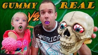 Gummy Food Halloween Candy VS Real Toys Challenge Halloween Edition [upl. by Ehud424]