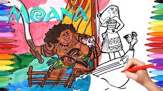 Disney MOANA coloring Pages  Drawing and coloring Moana Maui Heihei and Pua Disney Vaiana Oceania [upl. by Bronk]