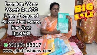 Rs600 Worth Premium Model Sarees🔥 Linen Jacquard Silver Jari Sarees In Pastel Colors Only Rs460 [upl. by Atsirtal]