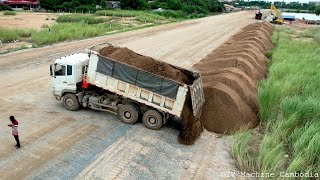 Incredible DONGFENG Truck Unloading Sand  Smart Driver Skill Pushing Into Water Huge Project [upl. by Beckett]