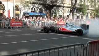 Formula 1 street race burnout Jenson Button Budapest 2012 loud sound [upl. by Enyawd]