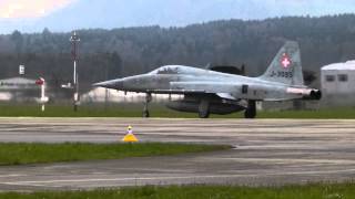 Emmen Airbase takeoff of two F5E Tiger jets on a rather rainy morning [upl. by Laius262]