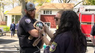 Galloway Twp EMTs give oxygen to a dog rescued from a house fire by firefighters [upl. by Avraham]