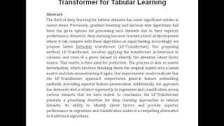 LF Transformer Latent Factorizer Transformer for Tabular Learning [upl. by Eneiluj]