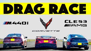 80k Battle 2024 Mercedes CLE53 Coupe AMG vs Corvette C8 vs BMW M440i Coupe Drag and Roll Race [upl. by Ronny]