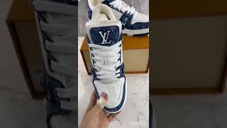 LOUIS VUITTON Calfskin Embossed Monogram Denim Womens LV Trainer Sneakers 36 Blue  stylish dresses [upl. by Stig]