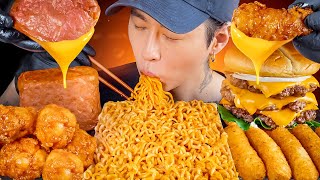 ASMR MUKBANG  Triple Cheeseburger Spicy Noodles Spam Cheese Stick Fried Chicken [upl. by Notfol717]