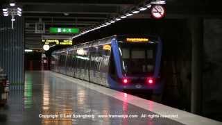 SL Tunnelbana tåg  Metro trains at Västra Skogen station Stockholm Sweden [upl. by Nnaarual154]