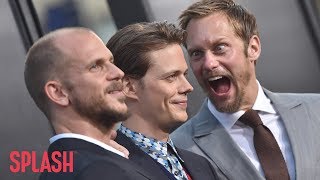 Watch Alexander Skarsgard Try to Make Brother Bill Jump at ‘It’ Premiere  Splash News TV [upl. by Nilekcaj]