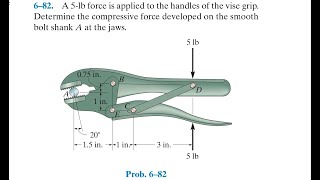 Statics 682  A 5lb force is applied to the handles of the vise grip Determine compressive force [upl. by Pacian]