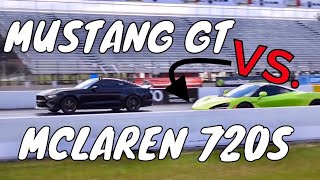 DRAG RACE MCLAREN 720S vs 18 MUSTANG GT on E85caiheaders YOUTUBE CALLOUT 2018 [upl. by Landmeier]