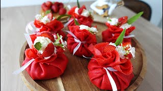 RECETTE AUMONIERES de CRÊPES FRAISES BASILIC Super Facile Saint valentin Noel Crème gourmande [upl. by Ydnim]