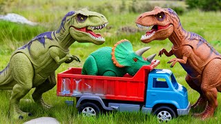 TRex vs Triceratops Toy Dinosaur Battle in Realistic Outdoor Scene  Dinosaur Adventure amp Hunting [upl. by Aseela764]