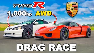 1000hp AWD Honda v Porsche 918 Spyder DRAG RACE [upl. by Nwahsat574]