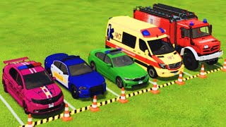 POLICE vs SHERIFF vs FIRE TRUCK vs MB AMBULANCE EMERGENCY TRANSPORT SHOWDOWN FS22 [upl. by Ahusoj552]