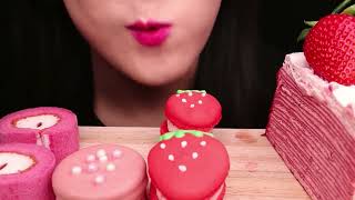 ASMR MUKBANG  Strawberry Dessert 🍓 strawberry crepe strawberry macaron chocolate jelly [upl. by Derk]