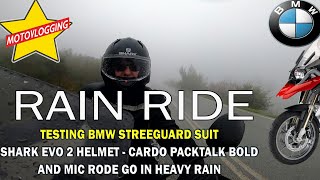 RAIN TEST TESTING BMW STREEGUARD SUIT SHARK EVO 2 HELMET  CARDO PACKTALK BOLD AND MIC RODE GO [upl. by Aneerhs654]