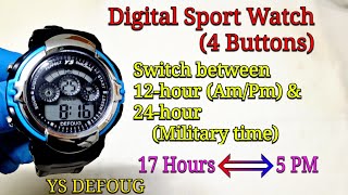 4 Buttons Digital Sport Watch  How to switch between 12hour and 24hour military time [upl. by Solnit22]