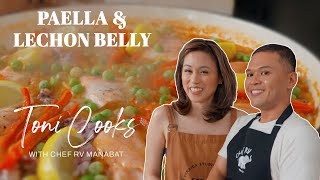 Toni Cooks with chefrvmanabat  Paella amp Lechon Belly [upl. by Adnovad]