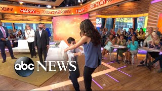 Boy 8 meets the bone marrow donor who saved his life live on GMA [upl. by Enyawed]