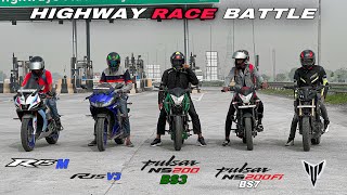 Yamaha R15 M VS R15 V3 VS NS200 BS3 VS NS200 BS7 VS MT15 V2 Drag Race  Highway Race Battle 🔥 [upl. by Nyrahs754]