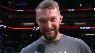 Domantas Sabonis voice keeps cracking as he talks about Kings win vs Nets 😂 [upl. by Elehcar725]