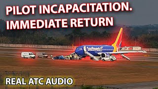 PILOT INCAPACITATED Offduty pilot helps to land Southwest B737 REAL ATC [upl. by Quintie]