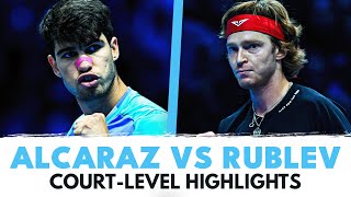 Carlos Alcaraz vs Andrey Rublev CourtLevel Highlights  Nitto ATP Finals 2024 [upl. by Nyahs]