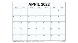 Printable April 2022 Calendar Templates with Holidays  Wiki Calendar [upl. by Nivac]