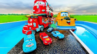 Disney Pixar Cars falling into deep pool Lightning McQueen Tow Mater Mack Sally Francesco [upl. by Olrak]