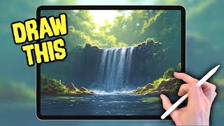 PROCREATE Landscape DRAWING Tutorial in EASY Steps  Woodland waterfall [upl. by Jezreel]