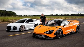 DRAG RACE 1100BHP AUDI R8 vs MCLAREN 765LT [upl. by Elokcin]