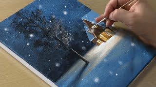 Painting a Snowy Winter Night  Acrylic Painting for Beginners [upl. by Einneb]