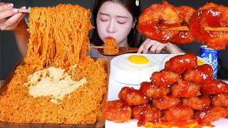 ASMR MUKBANG  보들보들 치즈볶음면 4봉지 🧀 양념 새우링 🍤🔥 먹방 Super Cheesy Ramen amp Spicy Fried Shrimp Ring [upl. by Anirbys]