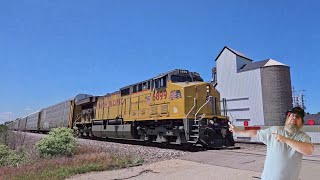 Union Pacific 5 Locomotive Train Passing Behind A Short Auto Rack Train [upl. by Festa]