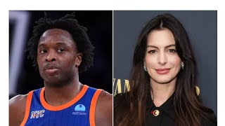 Knicks Player OG Anunoby Nearly Crashes Into Anne Hathaway and Her Son [upl. by Neemsaj278]