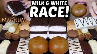 ASMR MILK amp WHITE CHOCOLATE RACE MAGNUM ICE CREAM BARS CHOCOLATE CONES ICE CREAM SANDWICH 먹방 [upl. by Nalek762]