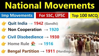 Indian National Movement  Top 100 MCQs  All National Movement In India  BPSC Tre 30  SSC CHSL [upl. by Joost]