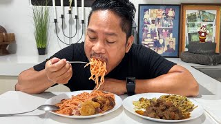 PINOY STYLE SPAGHETTI PORK MENUDO PANCIT CANTON FRIED CHICKEN Filipino Food Mukbang [upl. by Konstance]