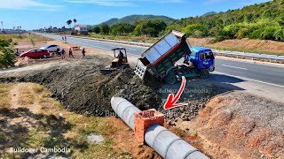 New project 5 ton truck stopped on ASEAN road to fill the road with bulldozer pushing soil fast [upl. by Cirdet]