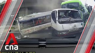 Bus and lorry collide at junction of Braddell Road and Bishan Road [upl. by Lust323]