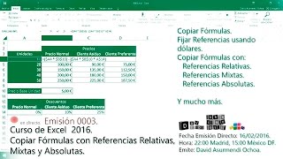 Curso de Excel 2016 Copiar Fórmulas usando Referencias Relativas Mixtas y Absolutas Emisión 0003 [upl. by Vallonia]