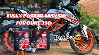 Duke 390 service like a pro  fully packed LIQUI MOLY Engine oil Engine flush mos2oil additives [upl. by Alekin]