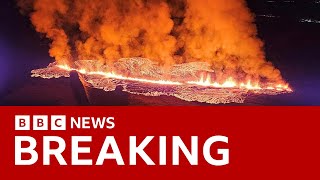 Iceland volcano erupts near village  BBC News [upl. by Peers]