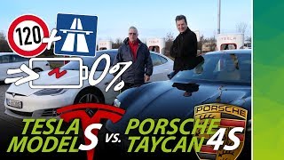 Porsche Taycan 4S vs Tesla Model S Raven Reichweite bei 120 kmh bis Akku leer EPA amp WLTP Vergleich [upl. by Enimajneb]