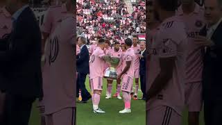 Messi and Yedlin present Inter Miamis Leagues Cup trophy to the home fans for the first time 🤝 [upl. by Oiragelo]