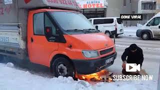 Turkish man sets fire under car to warm engine due to heavy snow [upl. by Thar184]