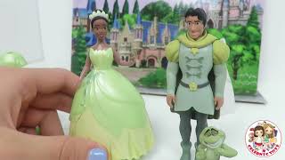 Disney Princess Tiana Deluxe Magiclip doll tries 2 rare Dresses with Prince Naveen amp Frog [upl. by Wooldridge]