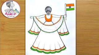 Independence Day Drawing Easy Steps  How to draw 15 august Drawing Easy Step  Girl Drawing  art [upl. by Yanetruoc]