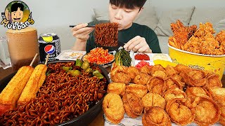 ASMR MUKBANG 직접 만든 만두 치킨먹방 돈까스 짜파게티 레시피 FRIED CHICKEN AND BLACK BEAN NOODLES EATING SOUND [upl. by Abehs]